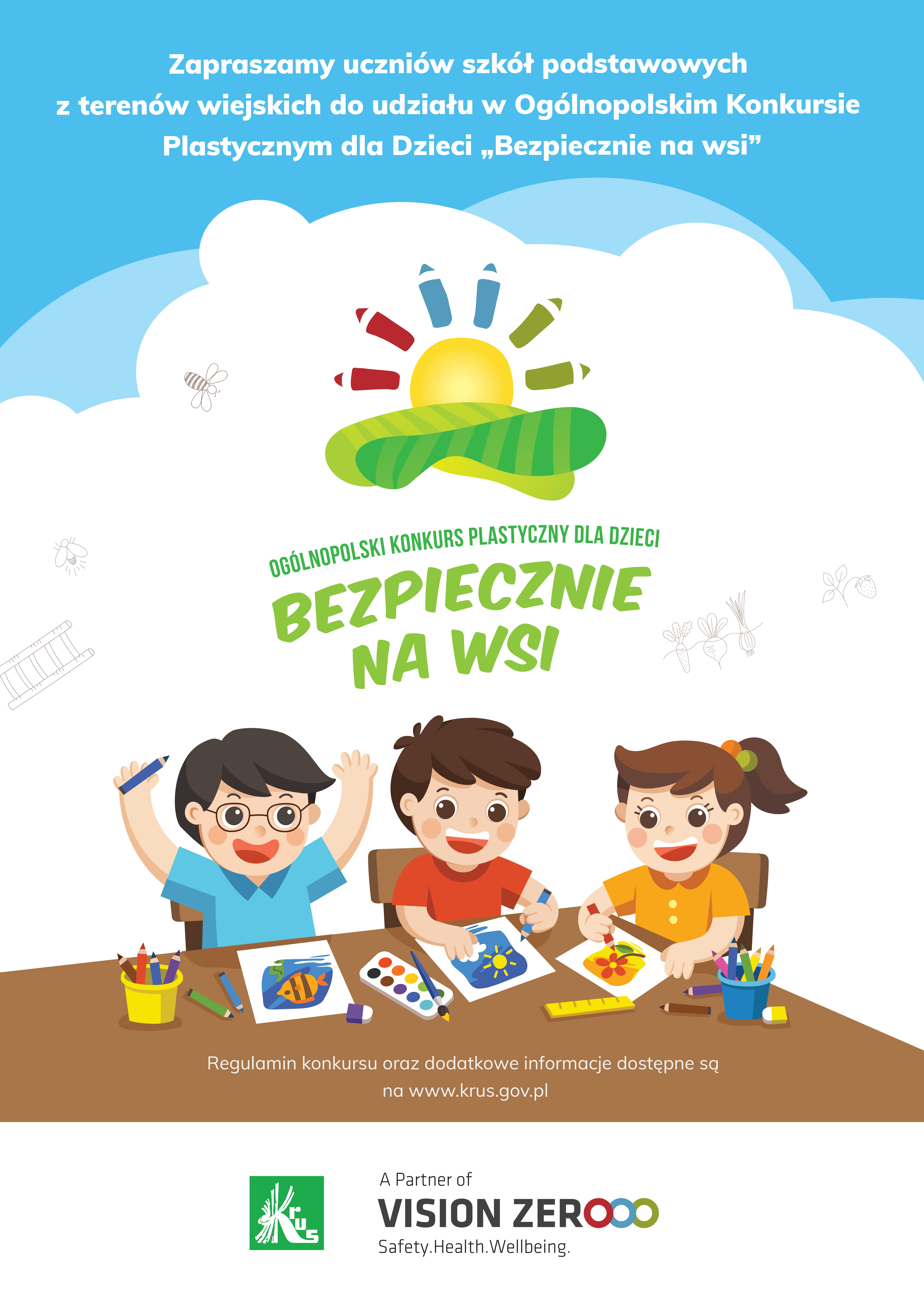 Plakat: KRUS zaprasza dzieci do udziału w 11. edycji Ogólnopolskiego Konkursu Plastycznego „Bezpiecznie na wsi mamy"