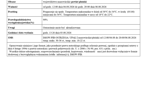 Zdjęcie do Ostrzeżenie meteorologiczne Nr 89 - upały