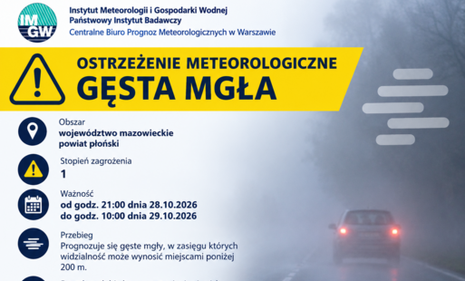 Zdjęcie do OSTRZEŻENIE METEOROLOGICZNE  - gęsta mgła
